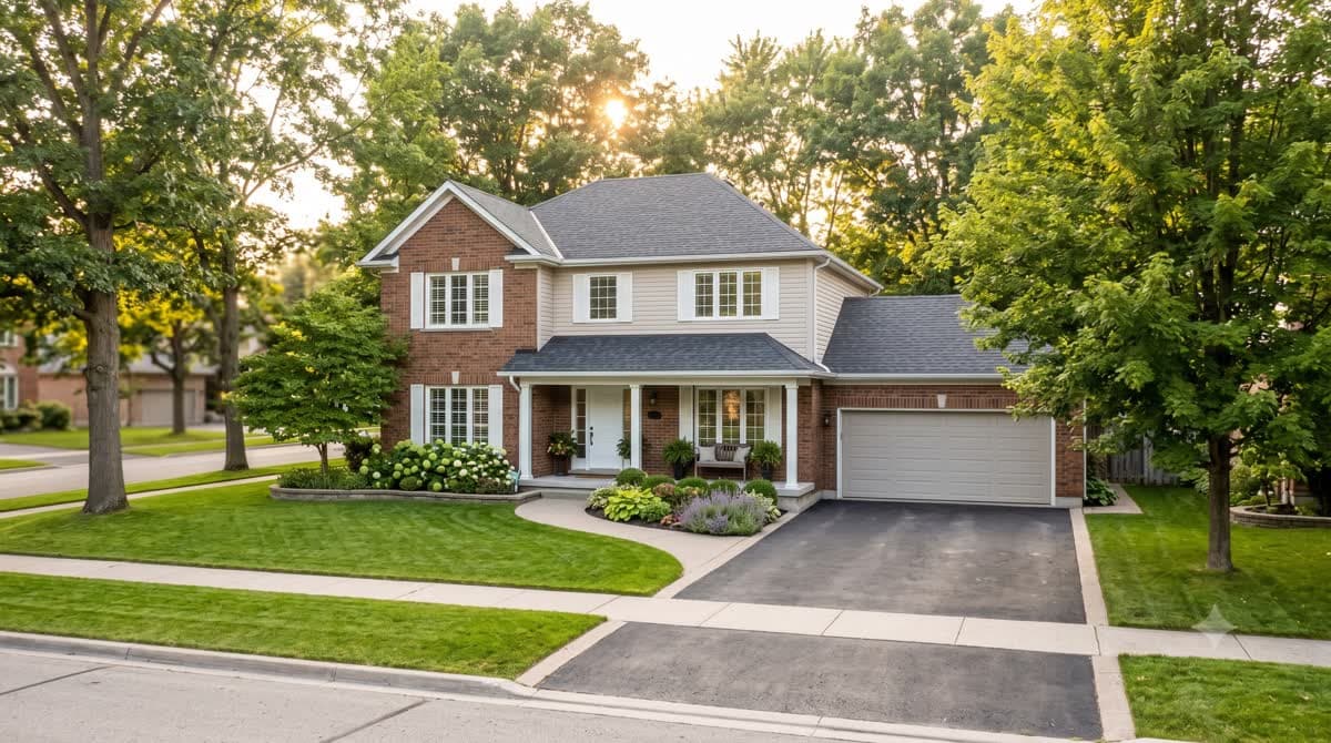 A detached two-storey home with a landscaped front yard