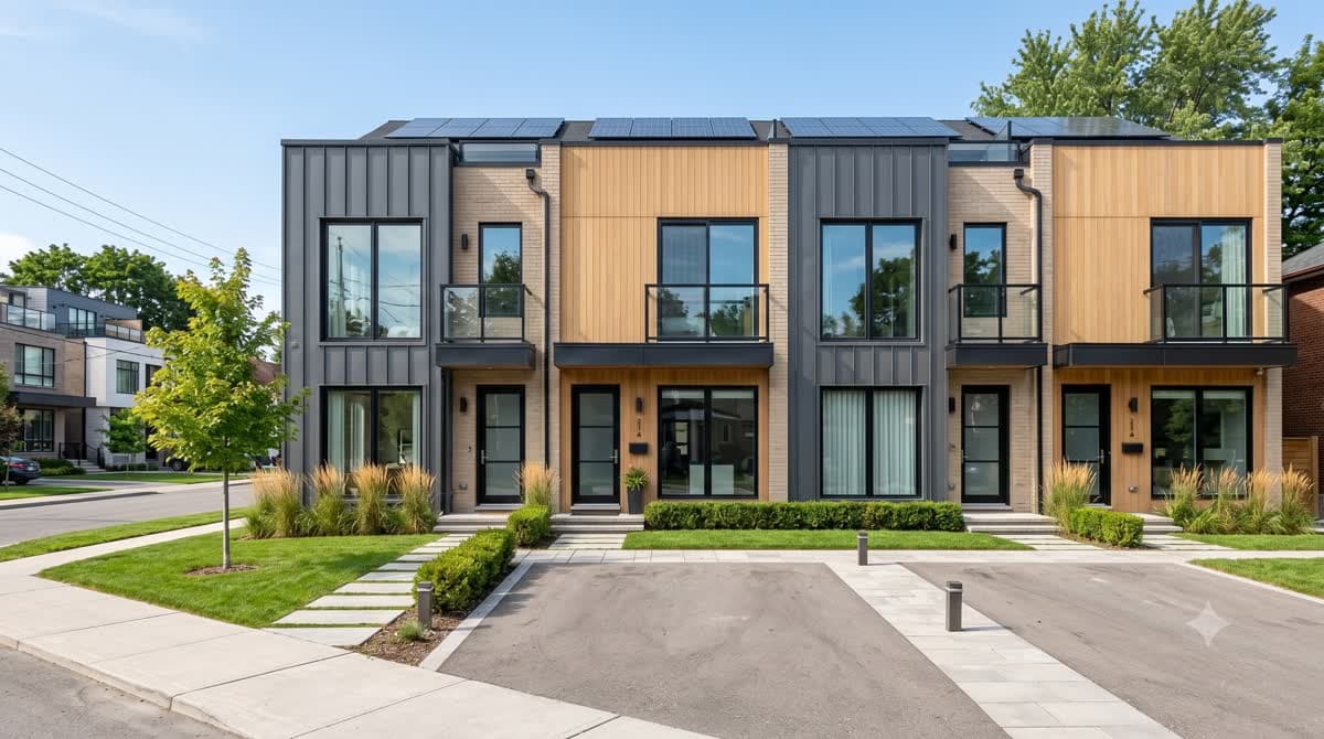 A row of modern townhomes