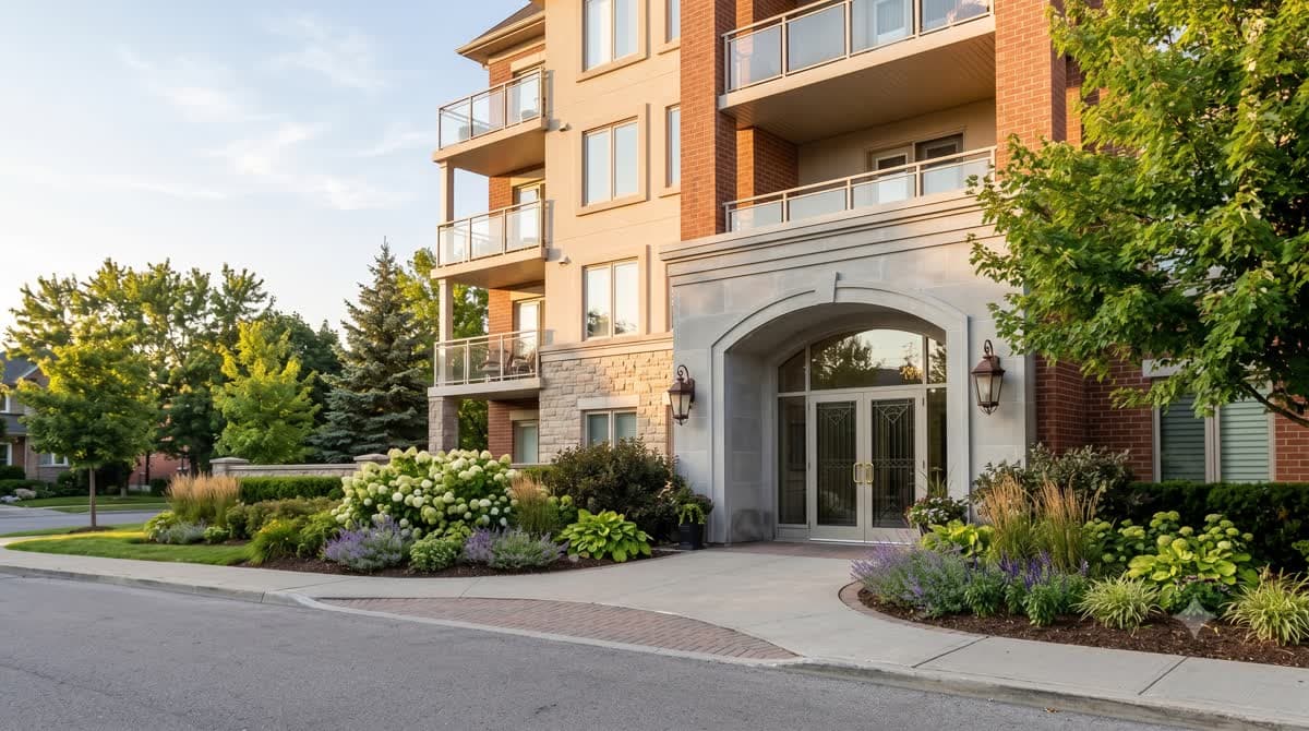A mid-rise condo building with a landscaped entrance
